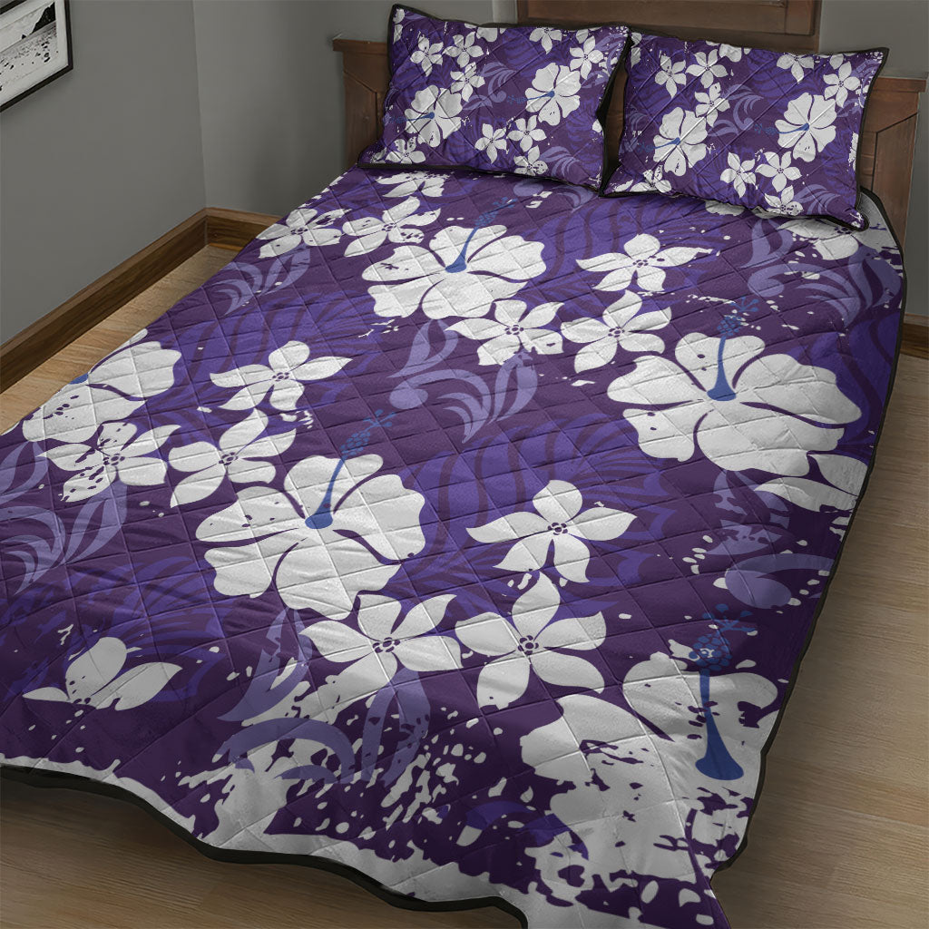 Purple Hawaiian Hibiscus Monstera Quilt Bed Set Grunge Stylized LT01 - Polynesian Pride