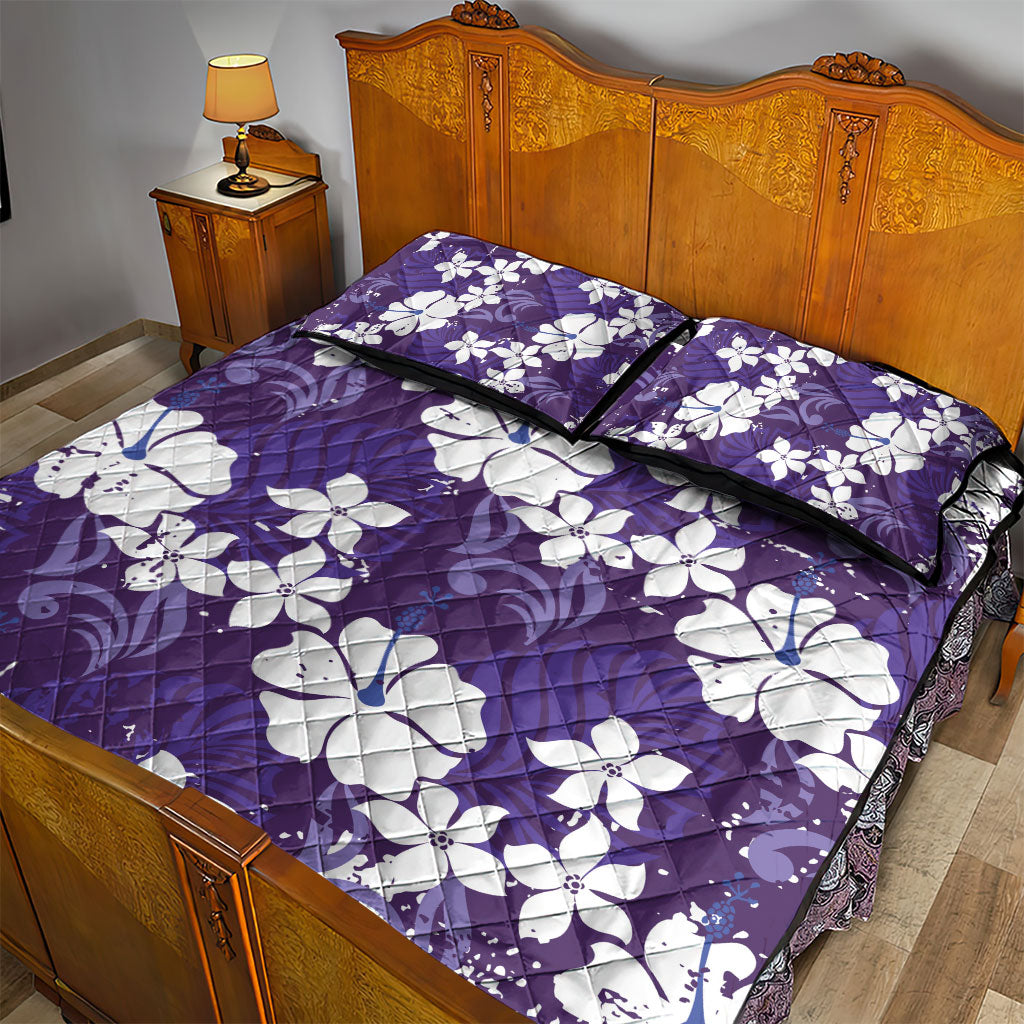 Purple Hawaiian Hibiscus Monstera Quilt Bed Set Grunge Stylized LT01 - Polynesian Pride