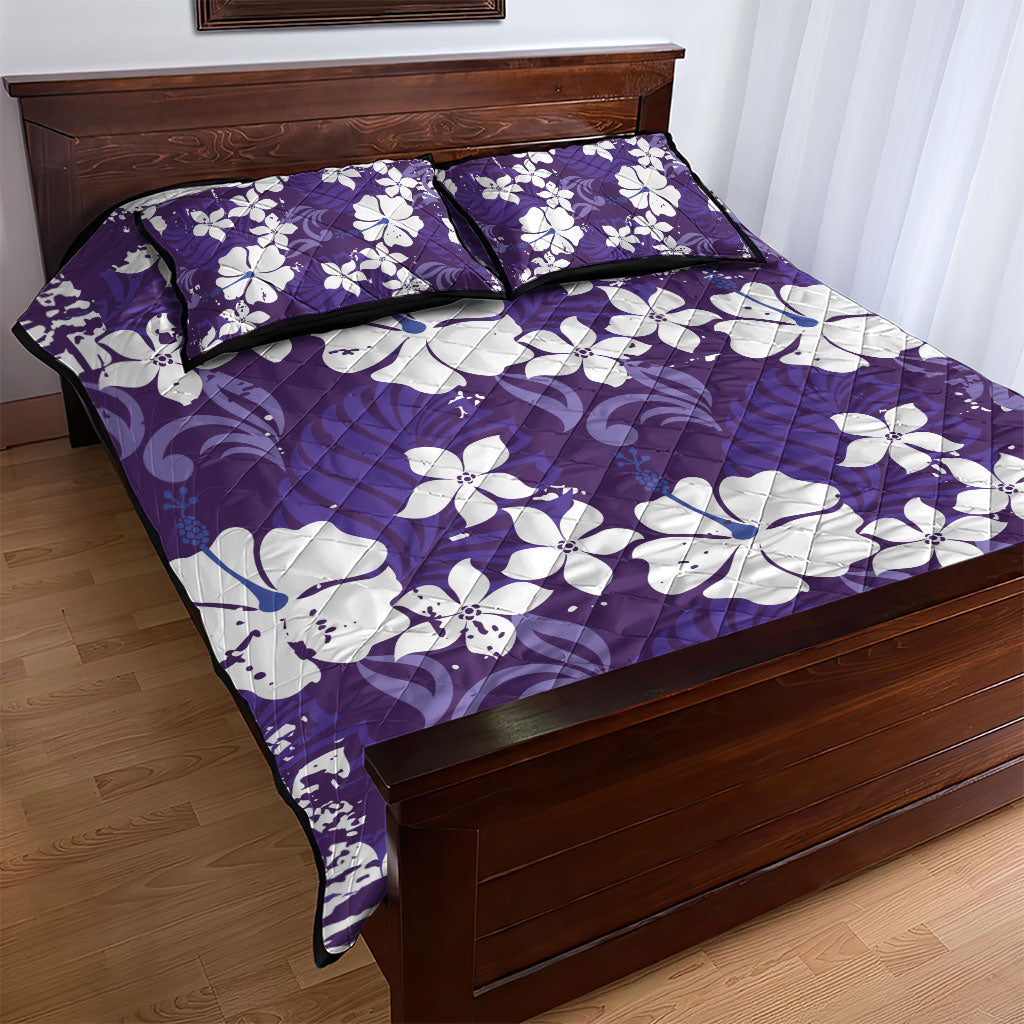 Purple Hawaiian Hibiscus Monstera Quilt Bed Set Grunge Stylized LT01 - Polynesian Pride