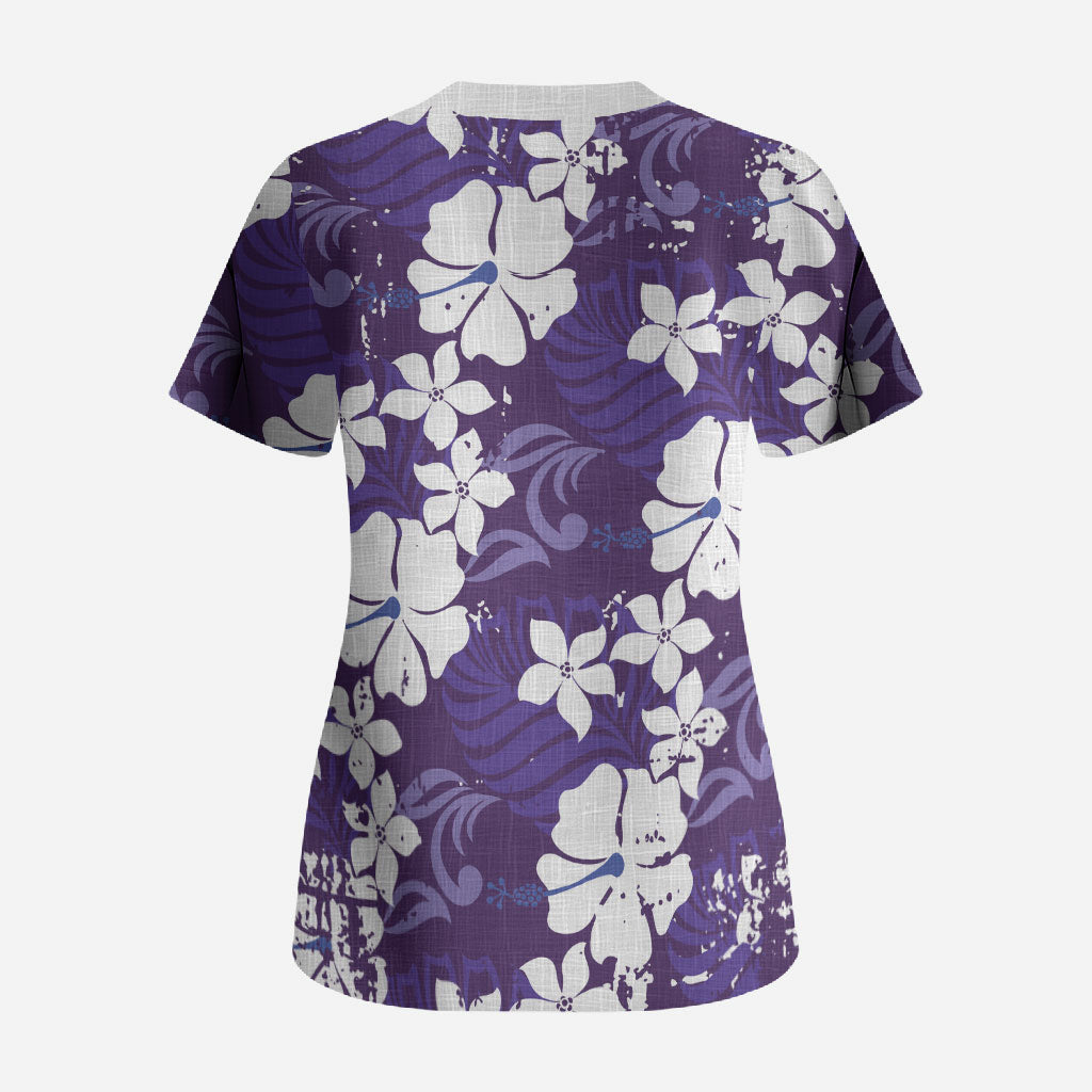 Purple Hawaiian Hibiscus Monstera Scrub Top Grunge Stylized LT01 - Polynesian Pride