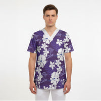 Purple Hawaiian Hibiscus Monstera Scrub Top Grunge Stylized LT01 - Polynesian Pride