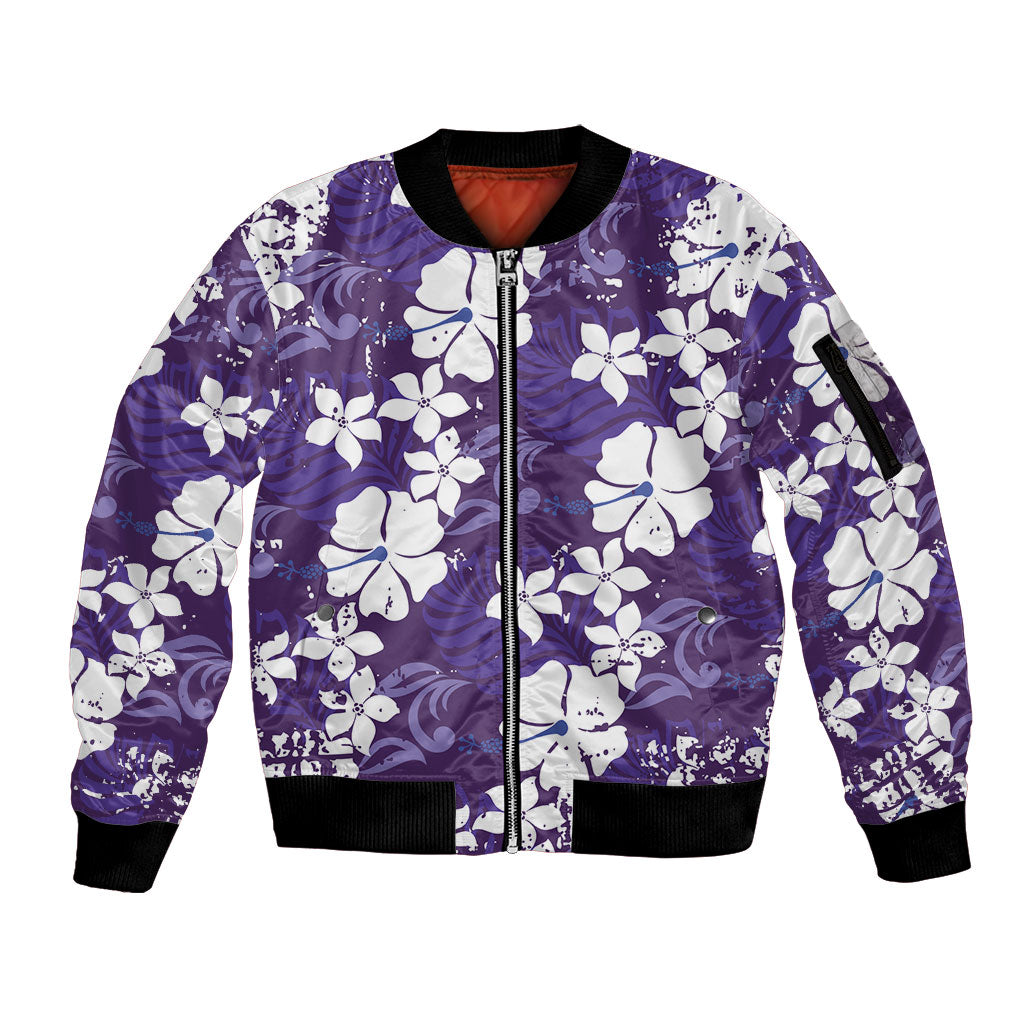 Purple Hawaiian Hibiscus Monstera Sleeve Zip Bomber Jacket Grunge Stylized LT01 Unisex Purple - Polynesian Pride