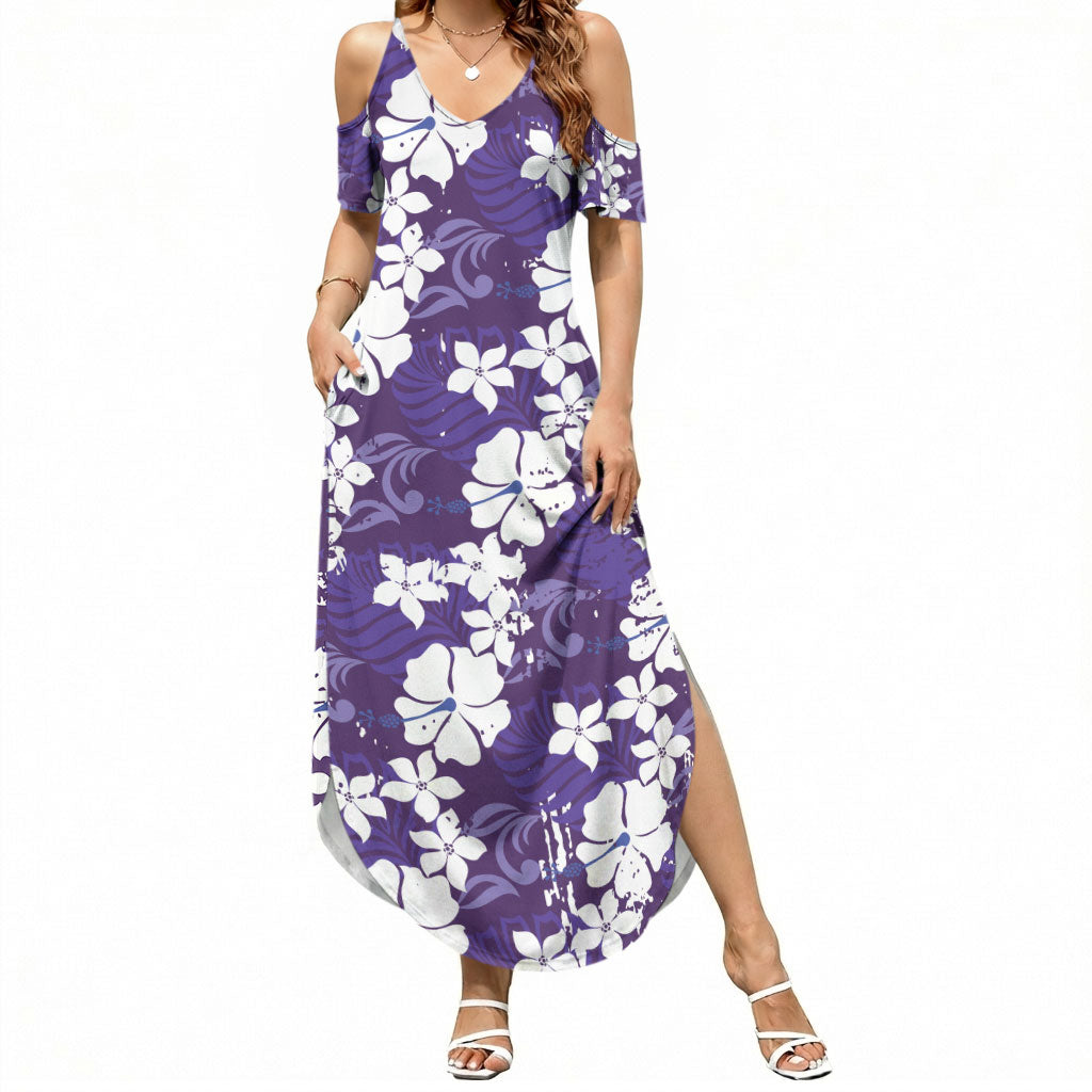 Purple Hawaiian Hibiscus Monstera Summer Maxi Dress Grunge Stylized LT01 Women Purple - Polynesian Pride
