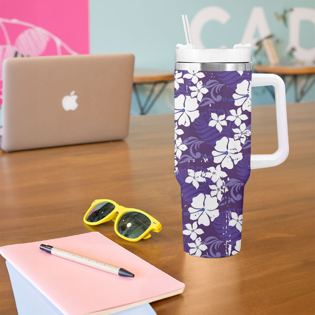 Purple Hawaiian Hibiscus Monstera Tumbler With Handle Grunge Stylized LT01 - Polynesian Pride