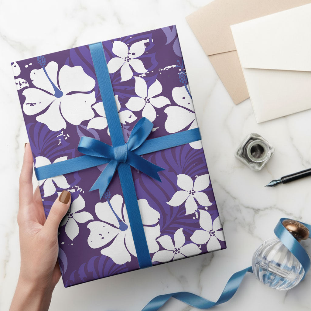 Purple Hawaiian Hibiscus Monstera Wrapping Paper Grunge Stylized LT01 - Polynesian Pride