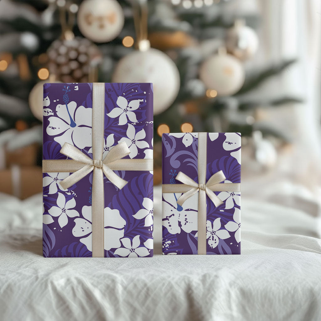 Purple Hawaiian Hibiscus Monstera Wrapping Paper Grunge Stylized LT01 - Polynesian Pride