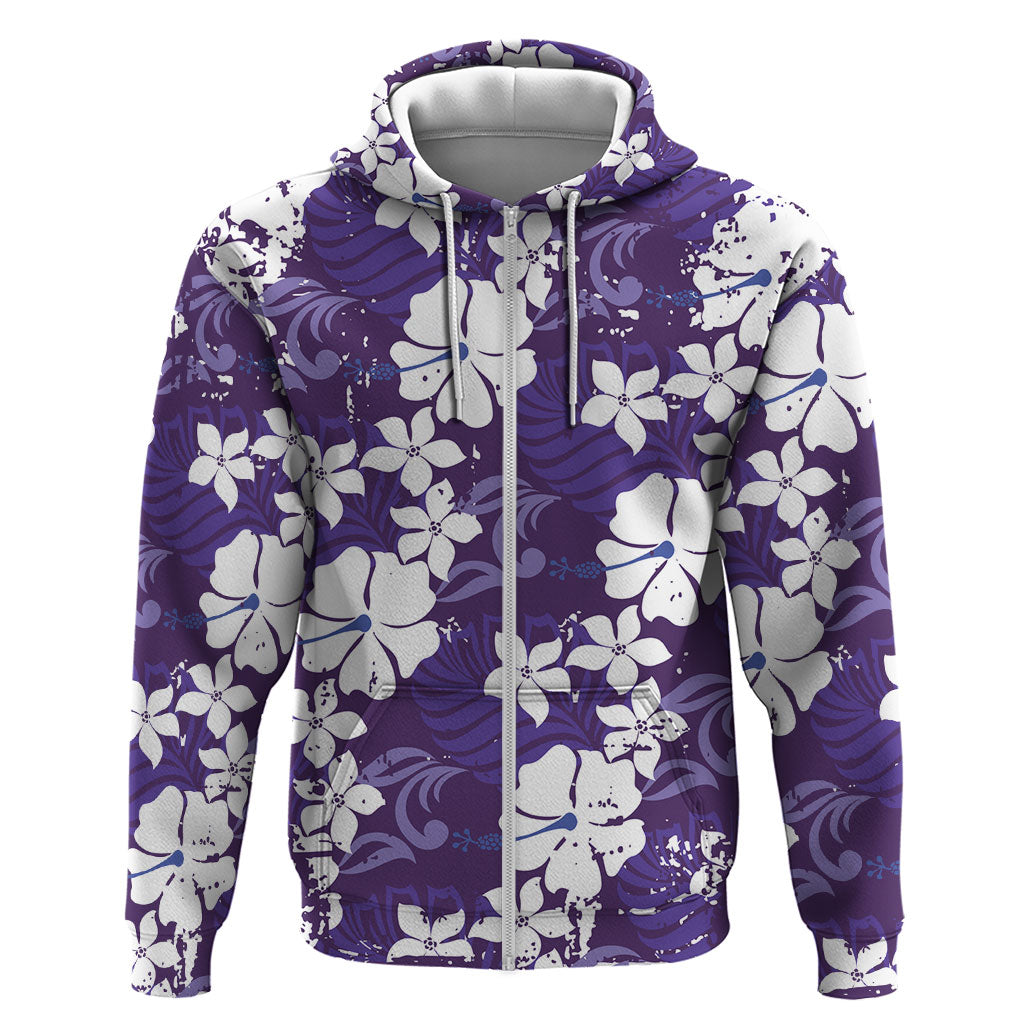 Purple Hawaiian Hibiscus Monstera Zip Hoodie Grunge Stylized LT01 Zip Hoodie Purple - Polynesian Pride