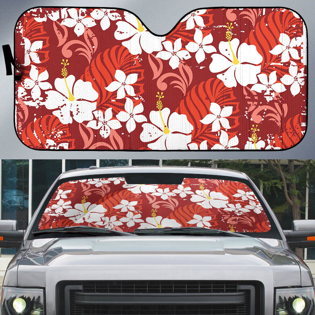 Red Hawaiian Hibiscus Monstera Auto Sun Shade Grunge Stylized LT01 Red - Polynesian Pride