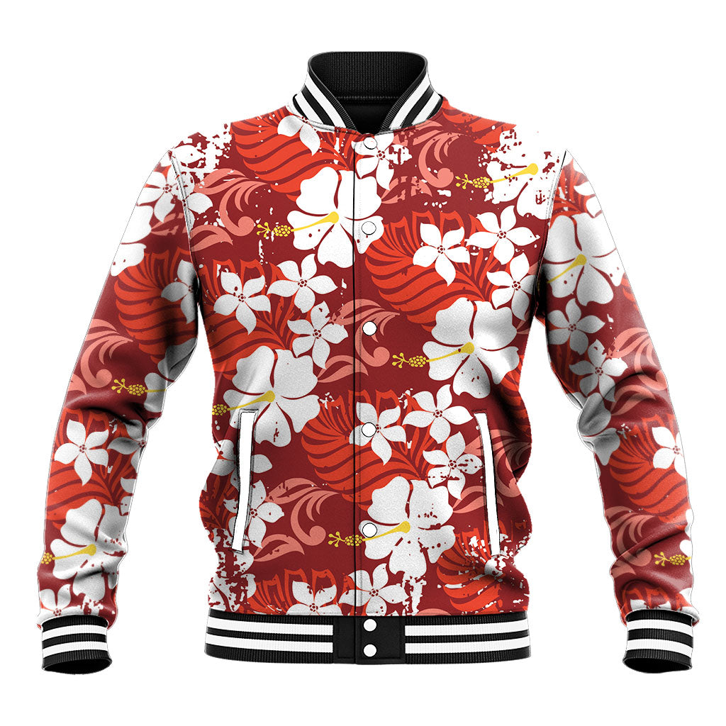 Red Hawaiian Hibiscus Monstera Baseball Jacket Grunge Stylized LT01 Unisex Red - Polynesian Pride