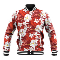 Red Hawaiian Hibiscus Monstera Baseball Jacket Grunge Stylized LT01 Unisex Red - Polynesian Pride