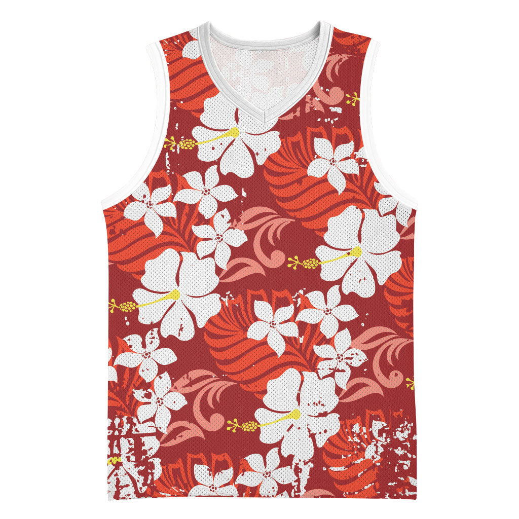 Red Hawaiian Hibiscus Monstera Basketball Jersey Grunge Stylized LT01 Unisex Red - Polynesian Pride