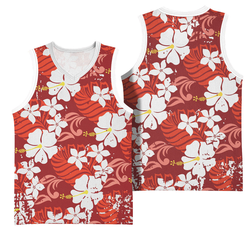 Red Hawaiian Hibiscus Monstera Basketball Jersey Grunge Stylized LT01 - Polynesian Pride