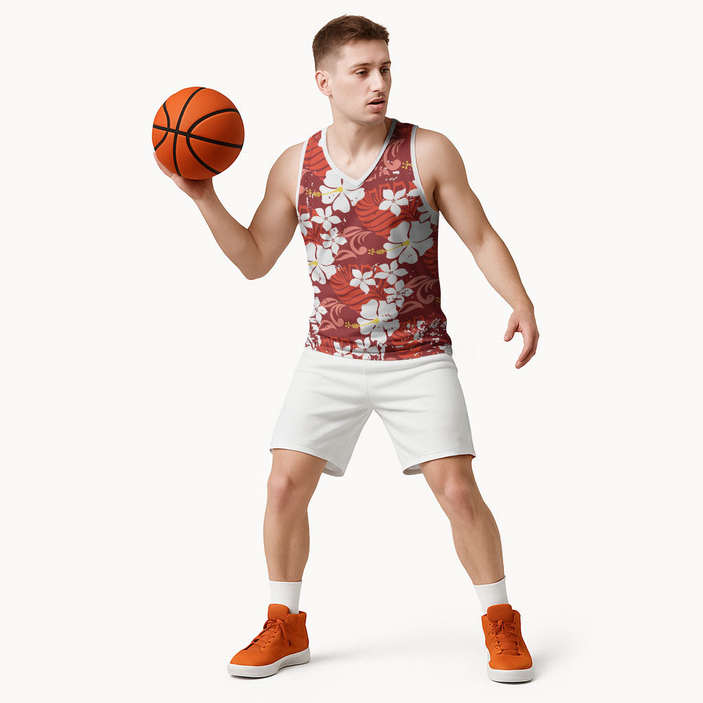 Red Hawaiian Hibiscus Monstera Basketball Jersey Grunge Stylized LT01 - Polynesian Pride
