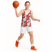 Red Hawaiian Hibiscus Monstera Basketball Jersey Grunge Stylized LT01 - Polynesian Pride