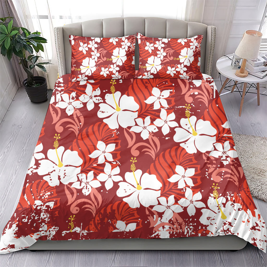 Red Hawaiian Hibiscus Monstera Bedding Set Grunge Stylized LT01 - Polynesian Pride