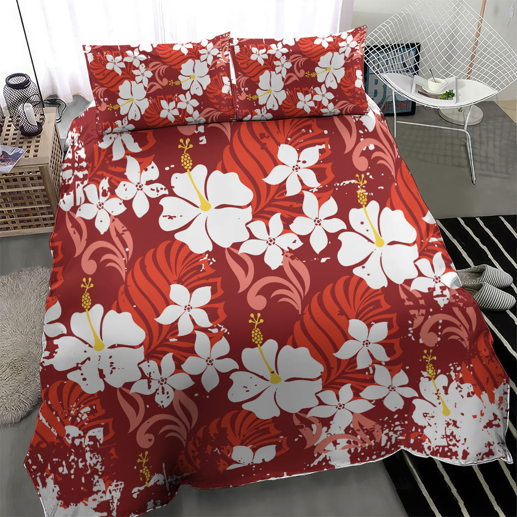 Red Hawaiian Hibiscus Monstera Bedding Set Grunge Stylized LT01 - Polynesian Pride