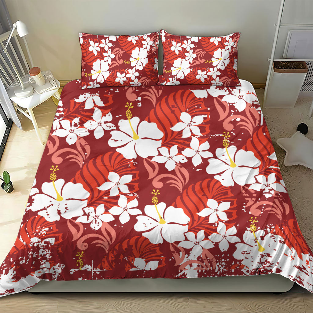 Red Hawaiian Hibiscus Monstera Bedding Set Grunge Stylized LT01 - Polynesian Pride