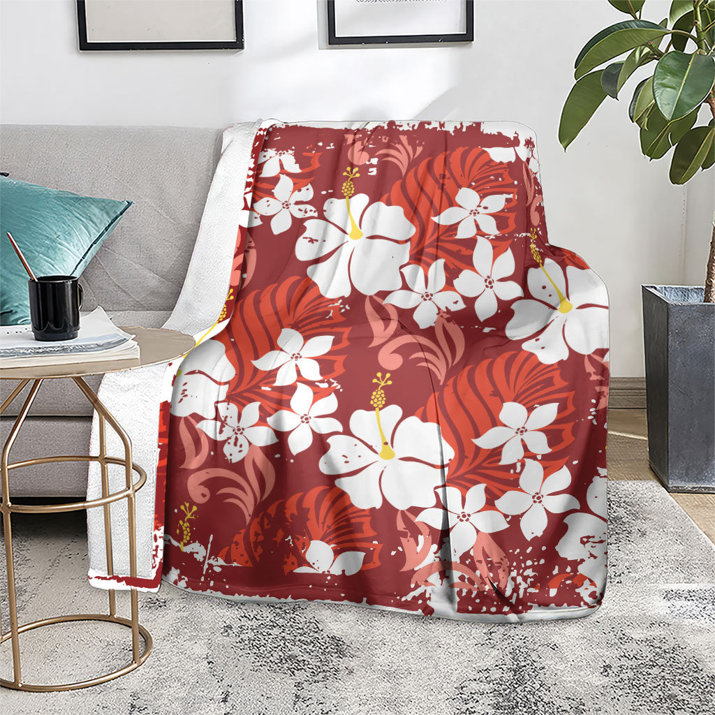 Red Hawaiian Hibiscus Monstera Blanket Grunge Stylized LT01 - Polynesian Pride
