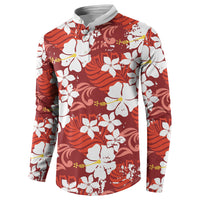 Red Hawaiian Hibiscus Monstera Button Sweatshirt Grunge Stylized LT01 - Polynesian Pride