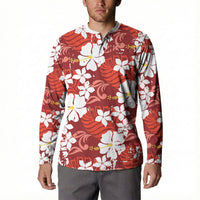 Red Hawaiian Hibiscus Monstera Button Sweatshirt Grunge Stylized LT01 - Polynesian Pride