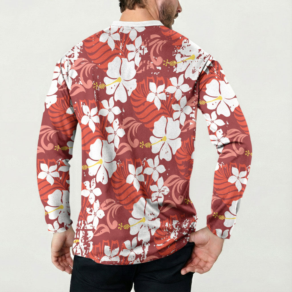Red Hawaiian Hibiscus Monstera Button Sweatshirt Grunge Stylized LT01 - Polynesian Pride
