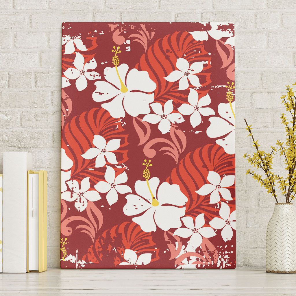 Red Hawaiian Hibiscus Monstera Canvas Wall Art Grunge Stylized LT01 Without Frame Red - Polynesian Pride