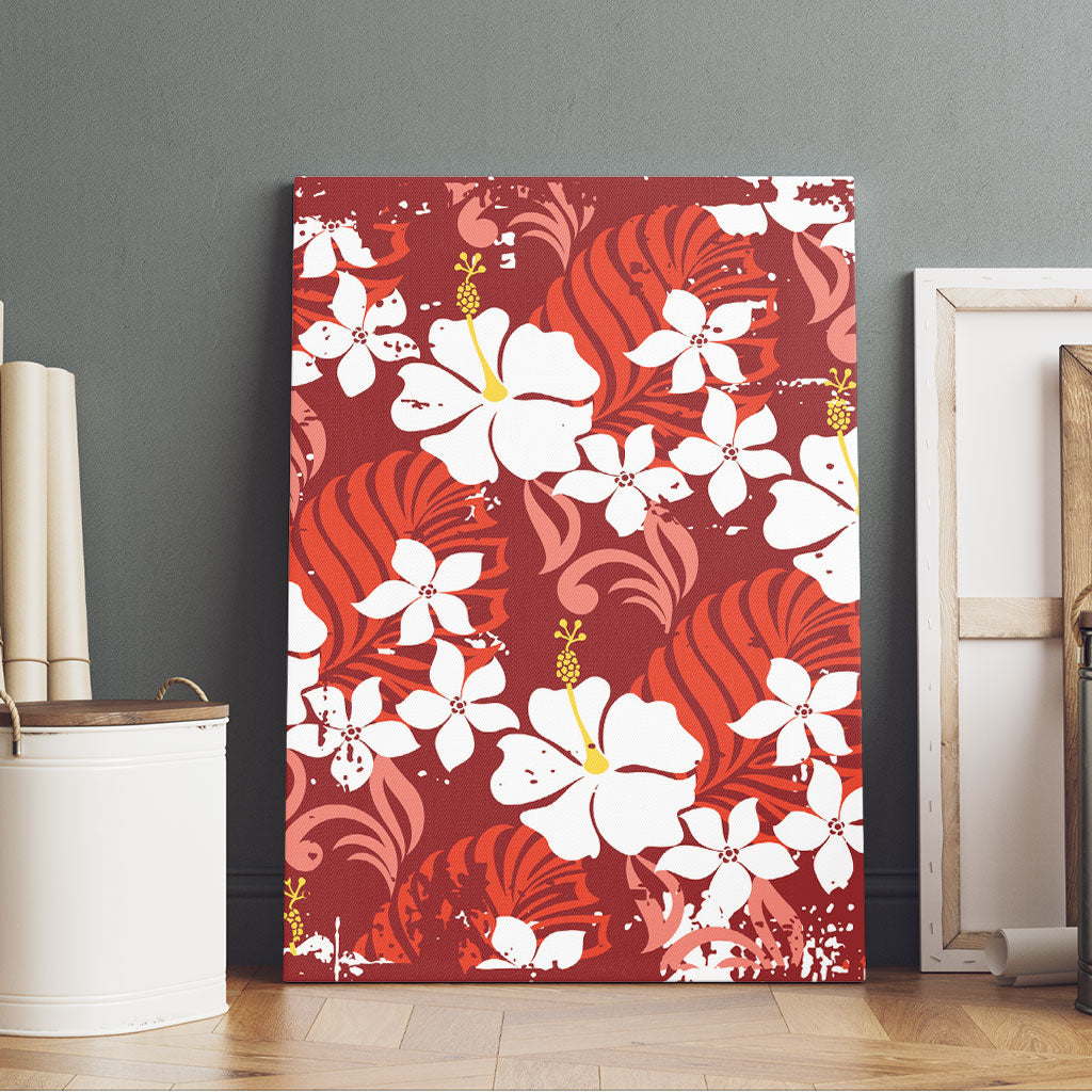 Red Hawaiian Hibiscus Monstera Canvas Wall Art Grunge Stylized LT01 - Polynesian Pride