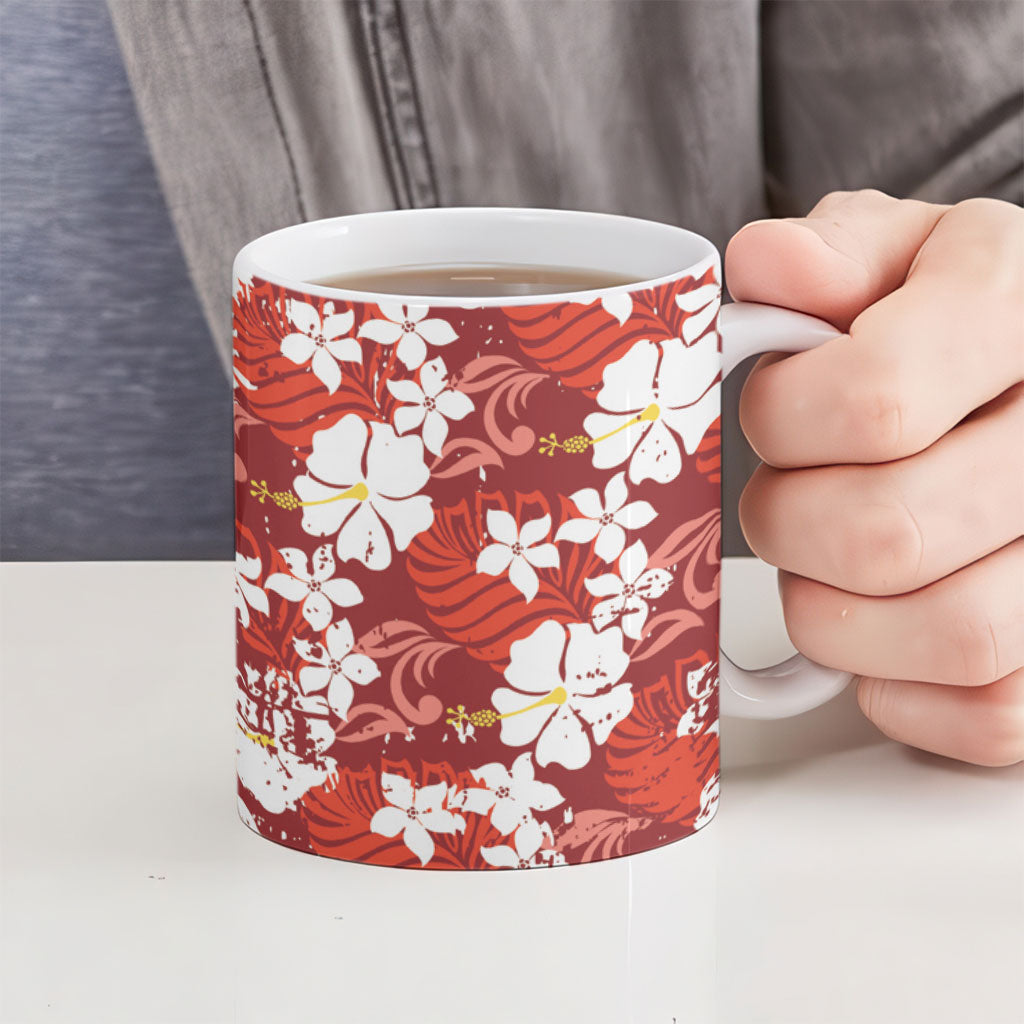 Red Hawaiian Hibiscus Monstera Ceramic Mug Grunge Stylized LT01 - Polynesian Pride
