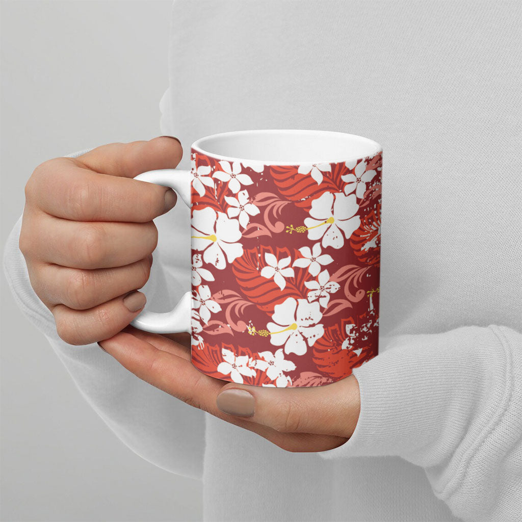 Red Hawaiian Hibiscus Monstera Ceramic Mug Grunge Stylized LT01 - Polynesian Pride