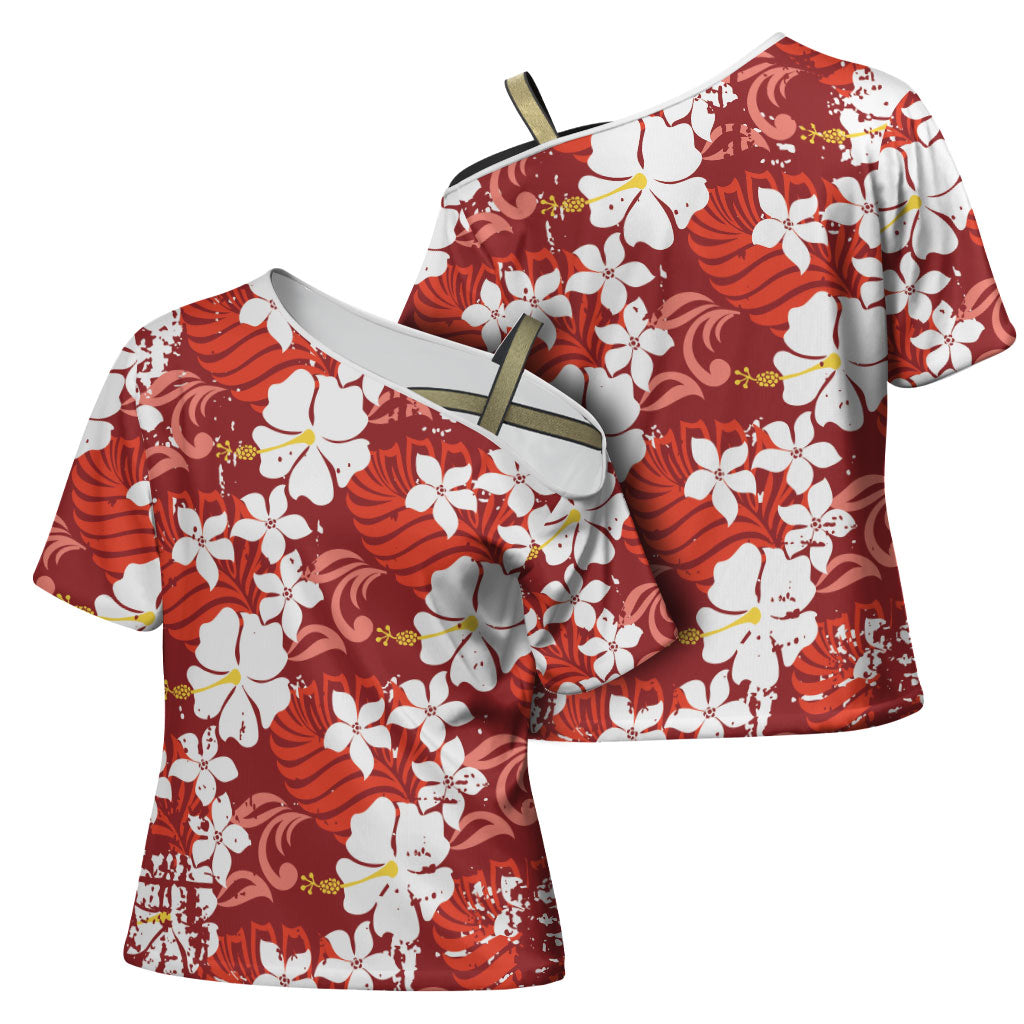 Red Hawaiian Hibiscus Monstera Cross Shoulder Shirt Grunge Stylized LT01 - Polynesian Pride