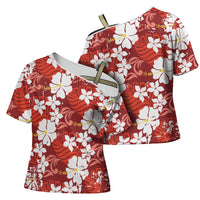 Red Hawaiian Hibiscus Monstera Cross Shoulder Shirt Grunge Stylized LT01 - Polynesian Pride