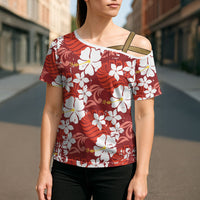 Red Hawaiian Hibiscus Monstera Cross Shoulder Shirt Grunge Stylized LT01 - Polynesian Pride