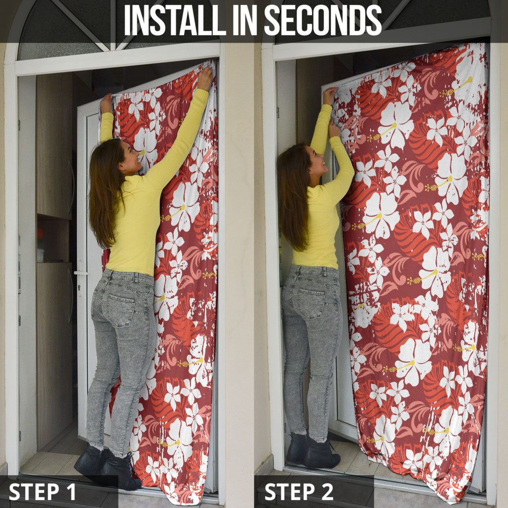 Red Hawaiian Hibiscus Monstera Door Cover Grunge Stylized LT01 - Polynesian Pride