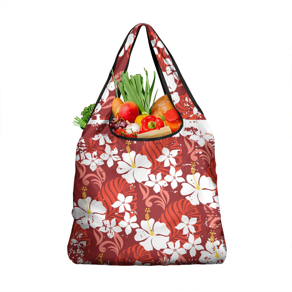 Red Hawaiian Hibiscus Monstera Grocery Bag Grunge Stylized LT01 1-pack One Size Red - Polynesian Pride