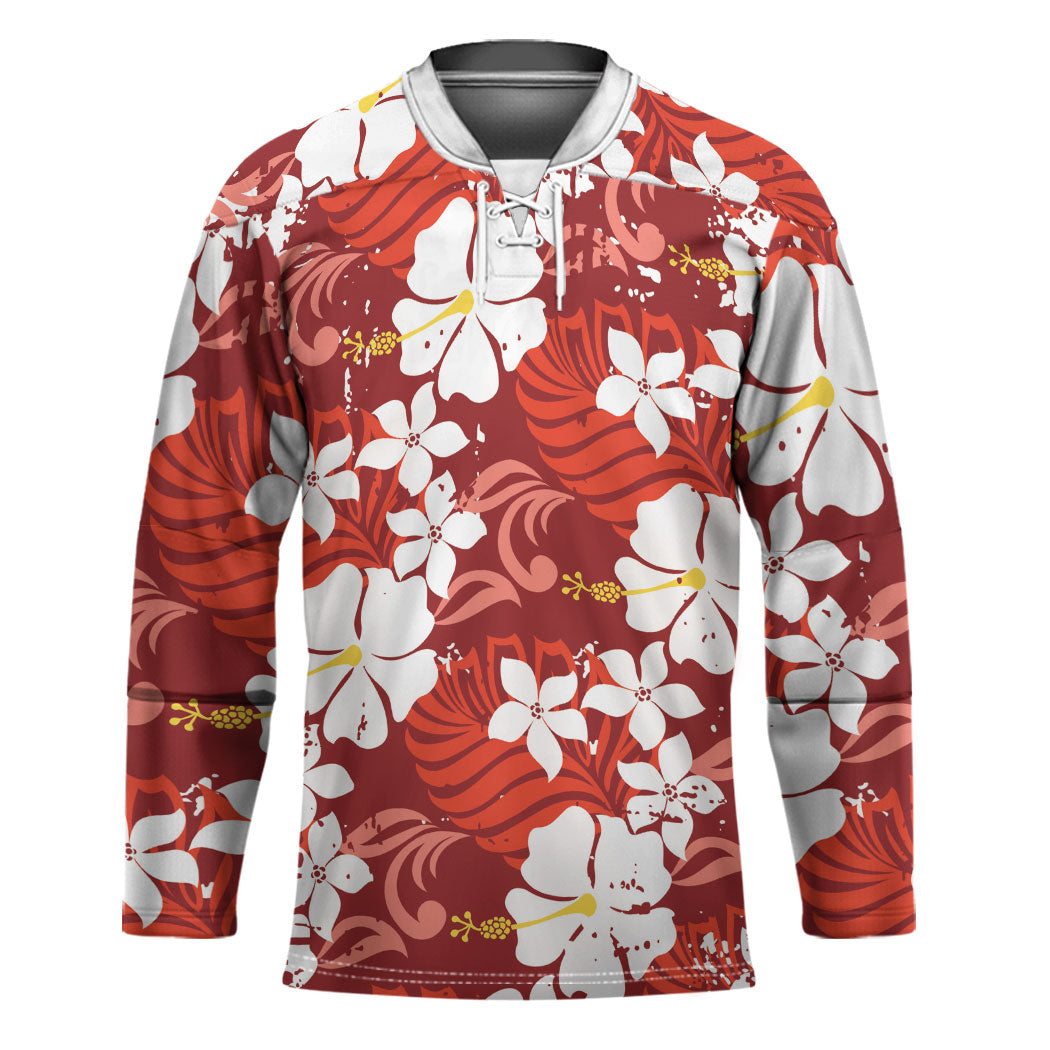 Red Hawaiian Hibiscus Monstera Hockey Jersey Grunge Stylized LT01 Unisex Red - Polynesian Pride