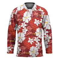Red Hawaiian Hibiscus Monstera Hockey Jersey Grunge Stylized LT01 Unisex Red - Polynesian Pride
