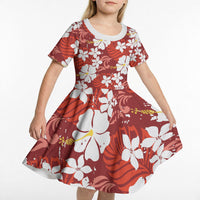 Red Hawaiian Hibiscus Monstera Kid Short Sleeve Dress Grunge Stylized LT01 - Polynesian Pride