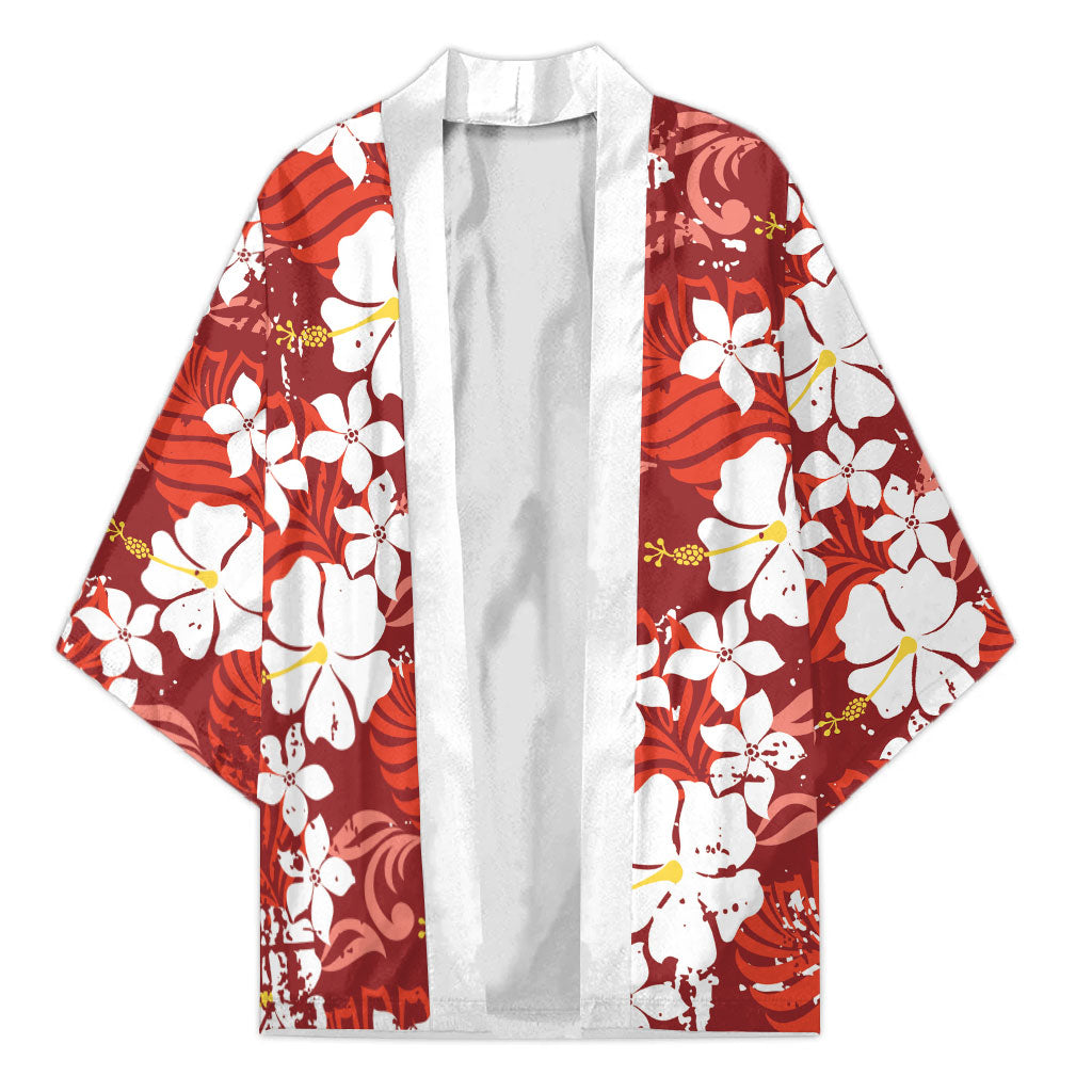 Red Hawaiian Hibiscus Monstera Kimono Grunge Stylized LT01 Unisex Red - Polynesian Pride