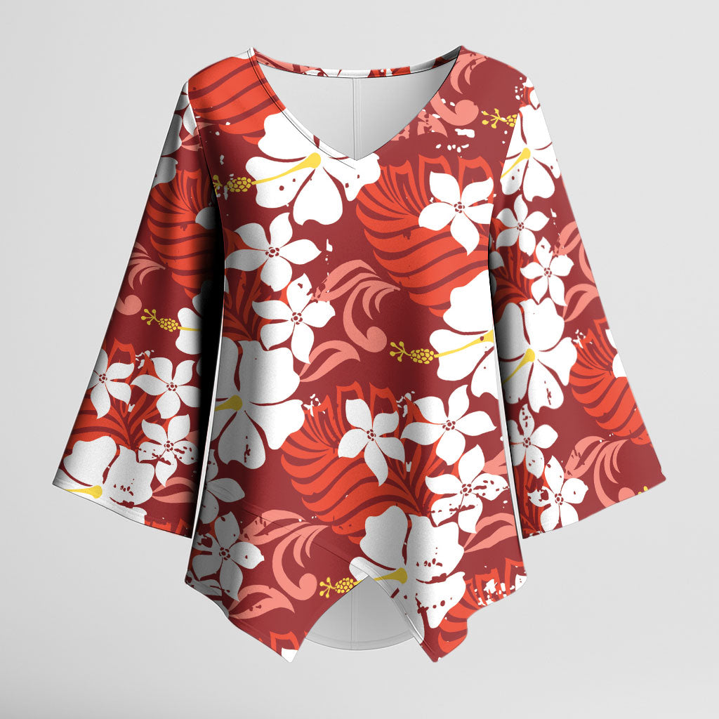 Red Hawaiian Hibiscus Monstera Kimono Sleeve Blouse Grunge Stylized LT01 Female Red - Polynesian Pride
