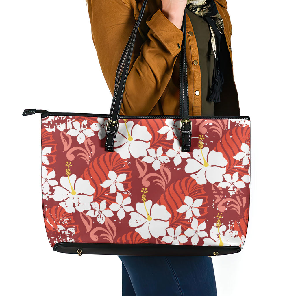Red Hawaiian Hibiscus Monstera Leather Tote Bag Grunge Stylized LT01 - Polynesian Pride