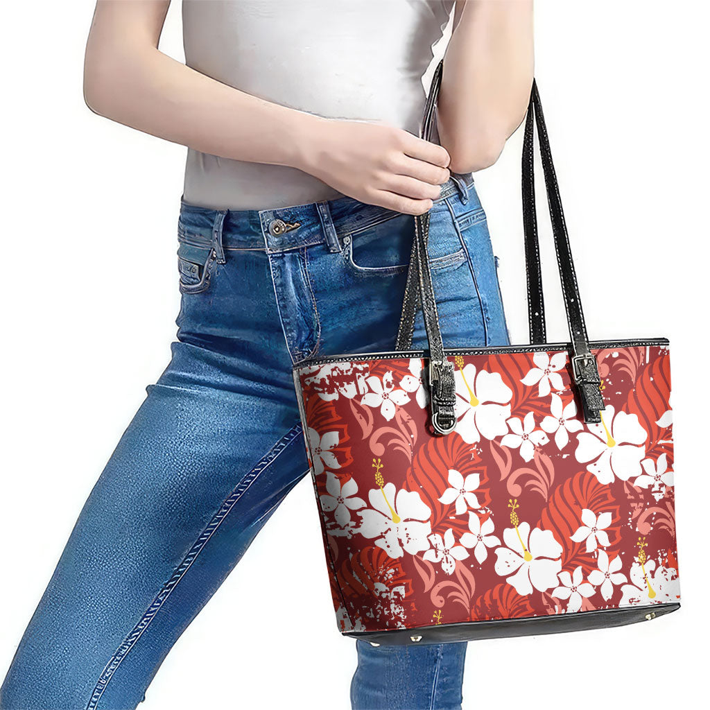 Red Hawaiian Hibiscus Monstera Leather Tote Bag Grunge Stylized LT01 - Polynesian Pride