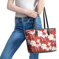 Red Hawaiian Hibiscus Monstera Leather Tote Bag Grunge Stylized LT01 - Polynesian Pride
