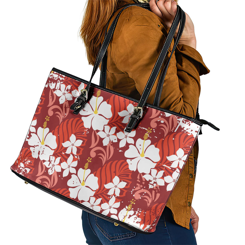 Red Hawaiian Hibiscus Monstera Leather Tote Bag Grunge Stylized LT01 - Polynesian Pride