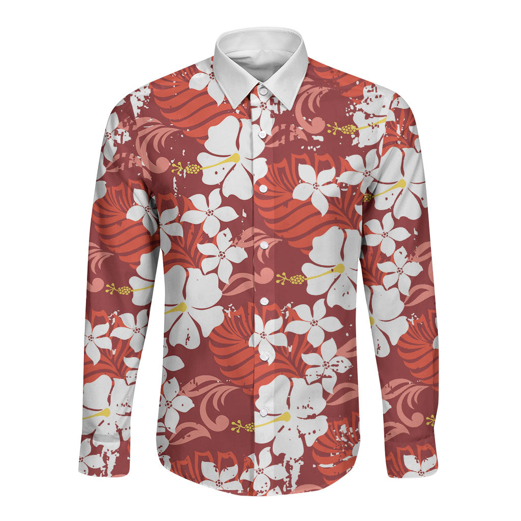 Red Hawaiian Hibiscus Monstera Long Sleeve Button Shirt Grunge Stylized LT01 Unisex Red - Polynesian Pride