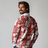 Red Hawaiian Hibiscus Monstera Long Sleeve Polo Shirt Grunge Stylized LT01 - Polynesian Pride