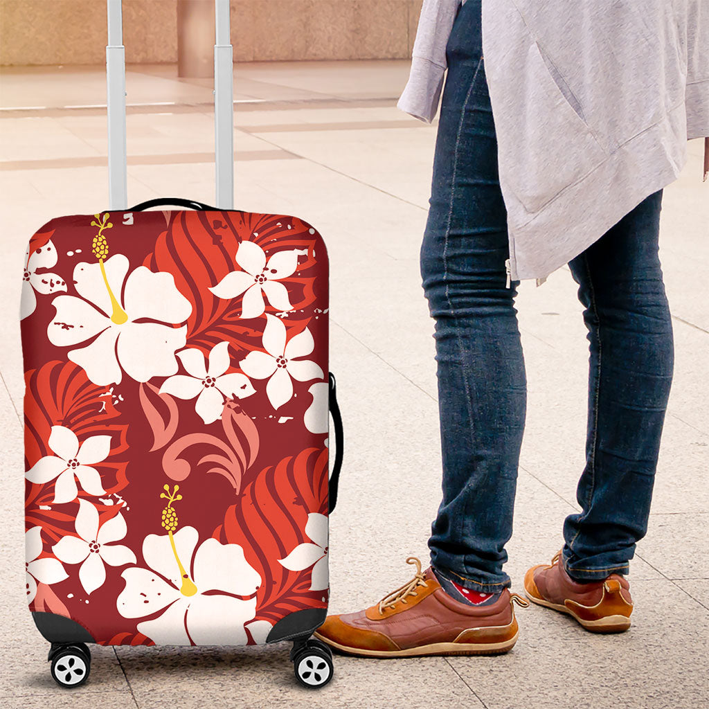 Red Hawaiian Hibiscus Monstera Luggage Cover Grunge Stylized LT01 Red - Polynesian Pride