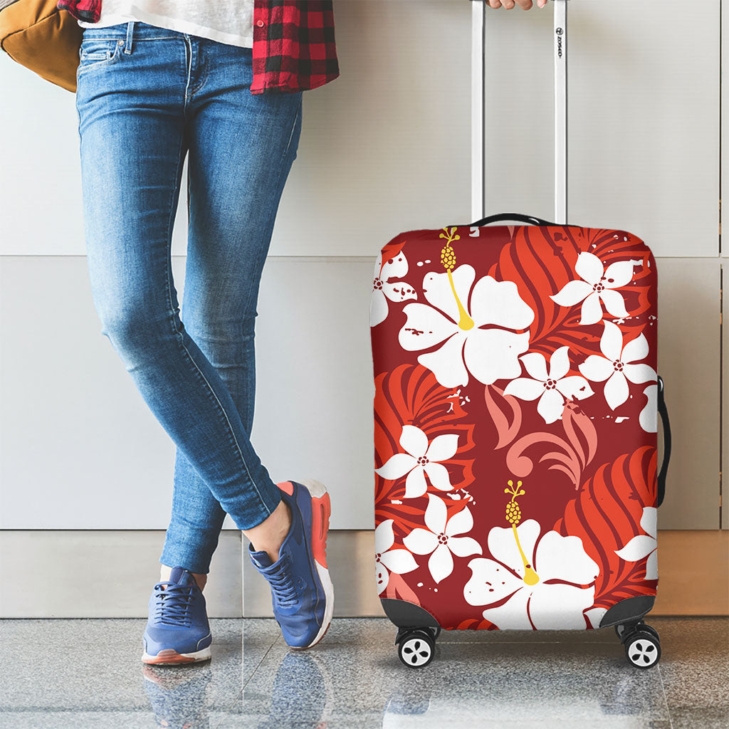 Red Hawaiian Hibiscus Monstera Luggage Cover Grunge Stylized LT01 - Polynesian Pride