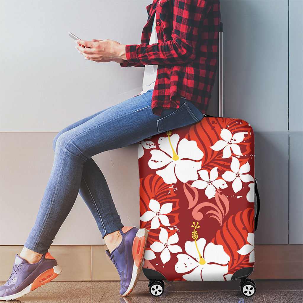Red Hawaiian Hibiscus Monstera Luggage Cover Grunge Stylized LT01 - Polynesian Pride