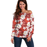 Red Hawaiian Hibiscus Monstera Off Shoulder Sweater Grunge Stylized LT01 Women Red - Polynesian Pride