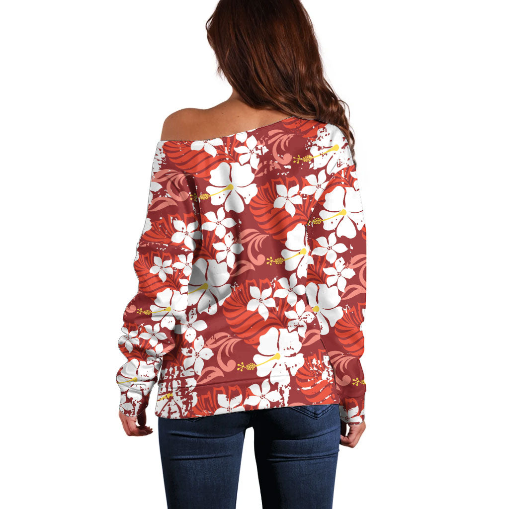 Red Hawaiian Hibiscus Monstera Off Shoulder Sweater Grunge Stylized LT01 - Polynesian Pride